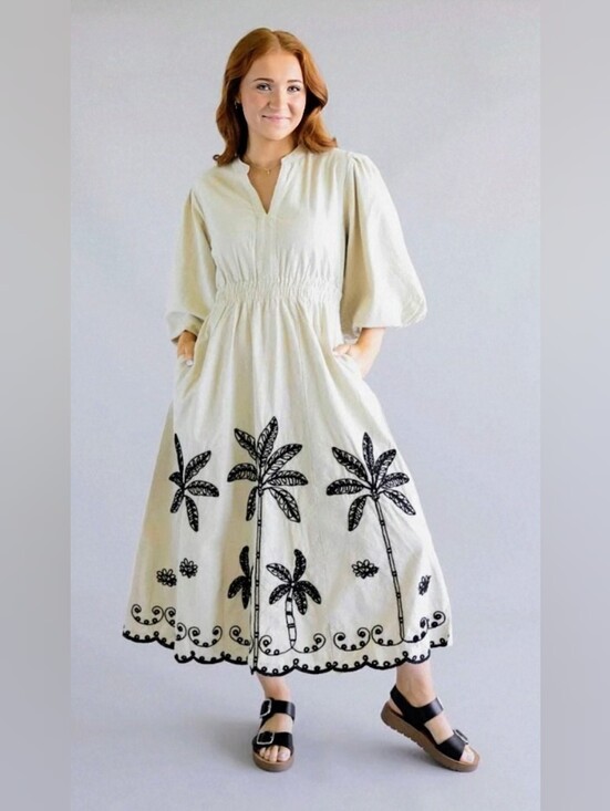 Simply Southern Dresses & Skirts - NWT Simply Southern Puff Sleeve XXL Dress w/Embroidered Palm Trees